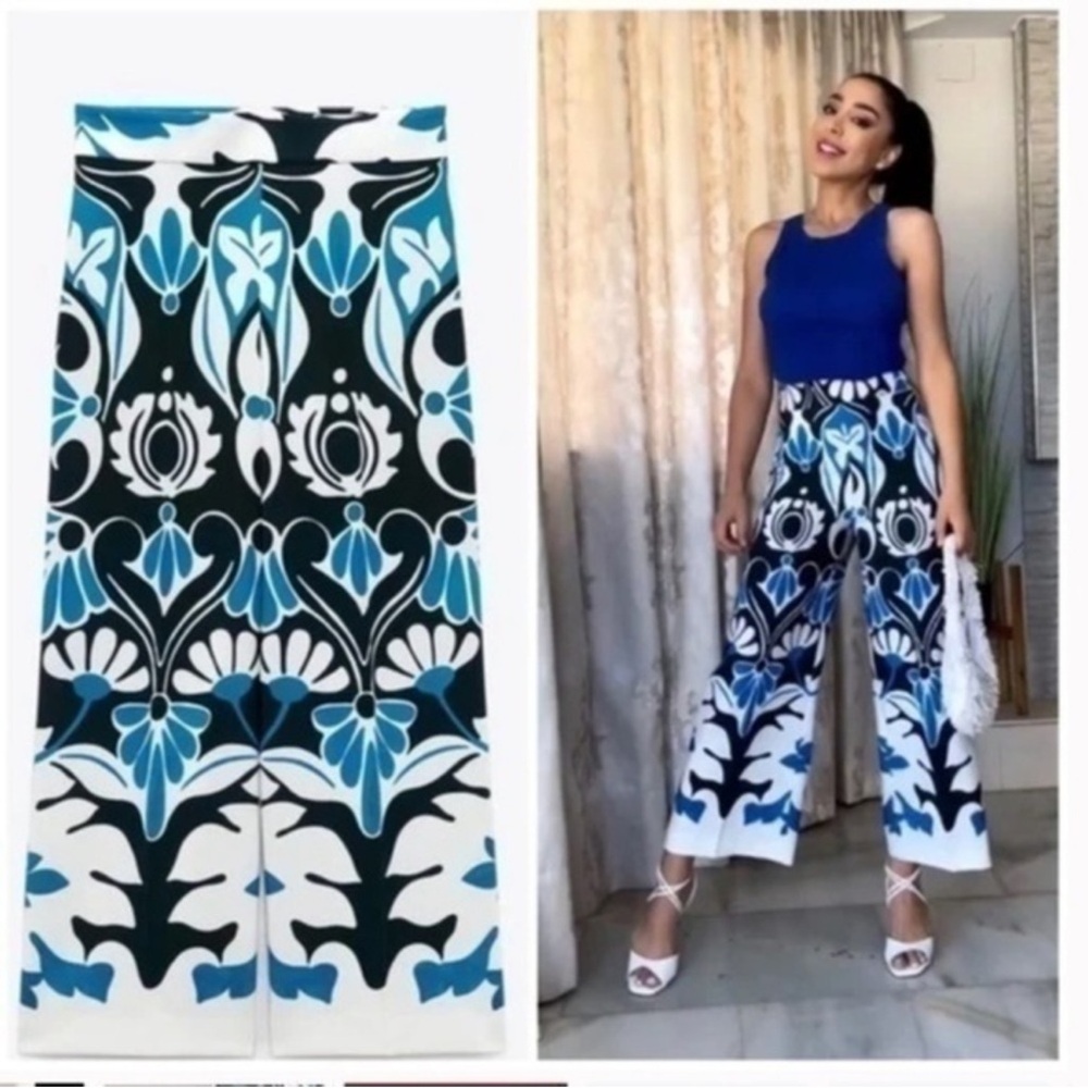 ZARA blue and white culottes ankle pants XL